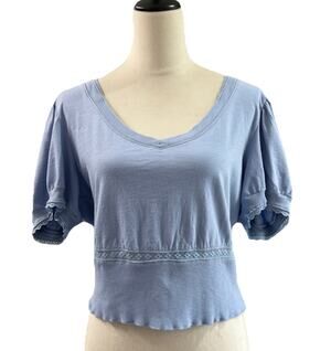 Aerie Cropped T-Shirt Womens XL Blue Lace Trim V-Neck 100% Cotton Puff Sleeves